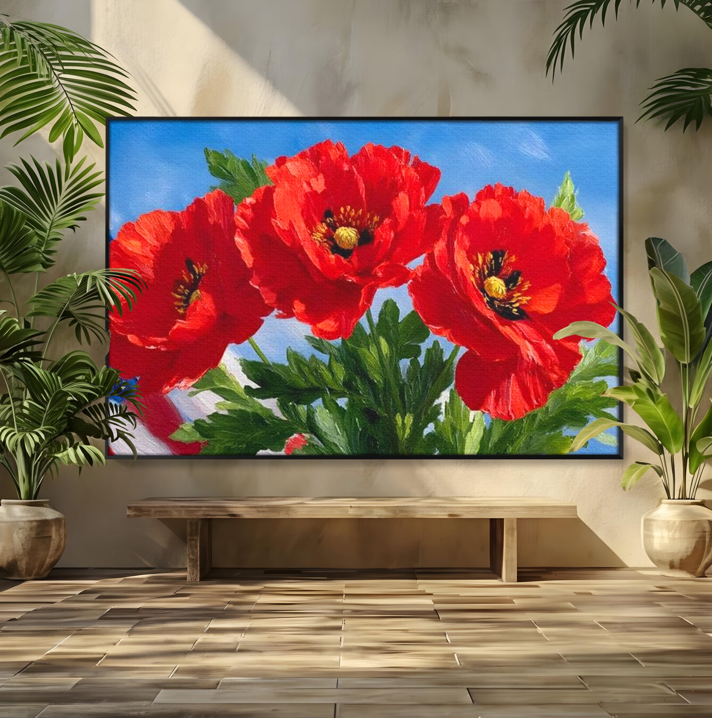 Tablou canvas cu tablou pictura cu trei maci, in rama de aluminiu negru